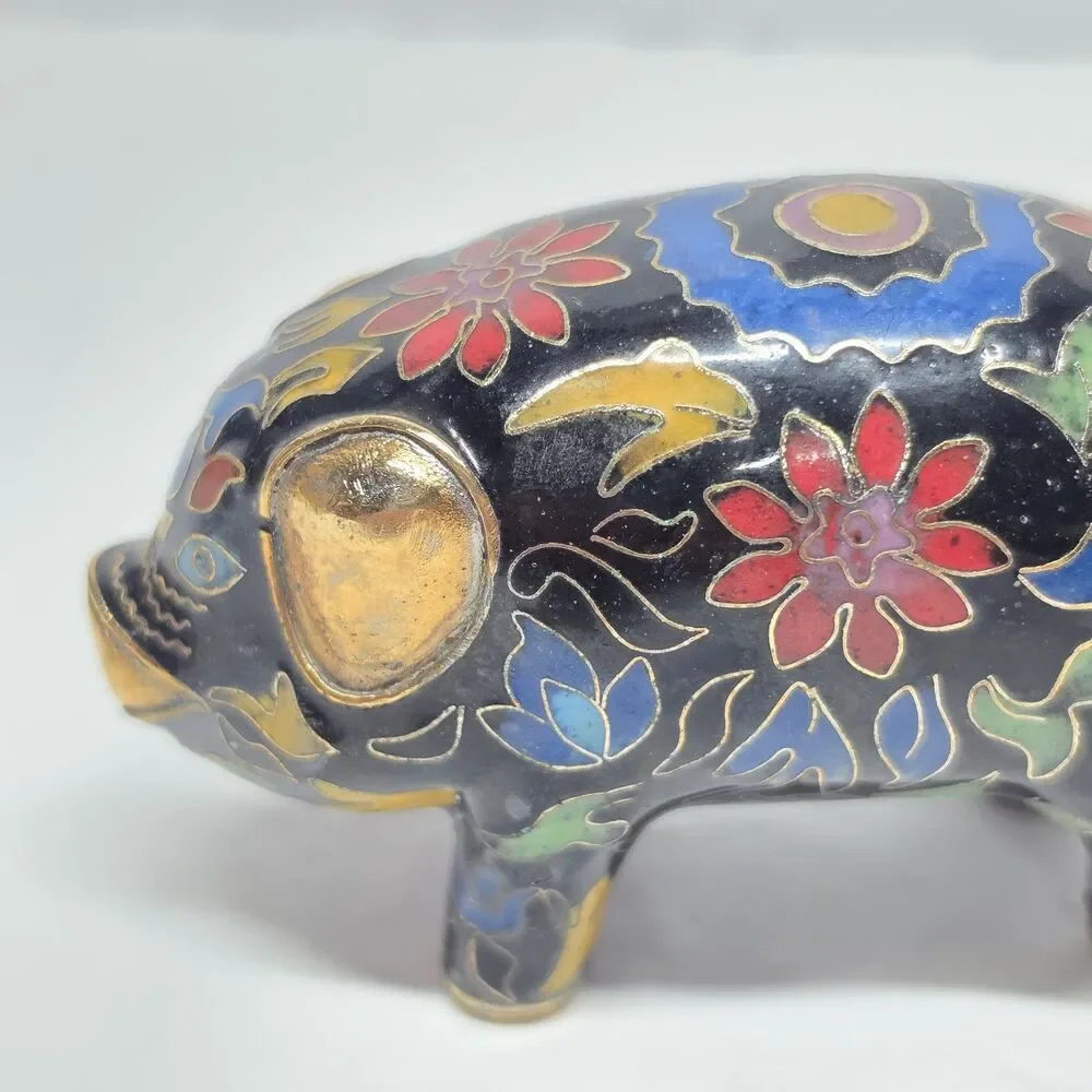 Vintage Cloisonne Pig Brass Enamel Figurine Floral Multicolor Traditional